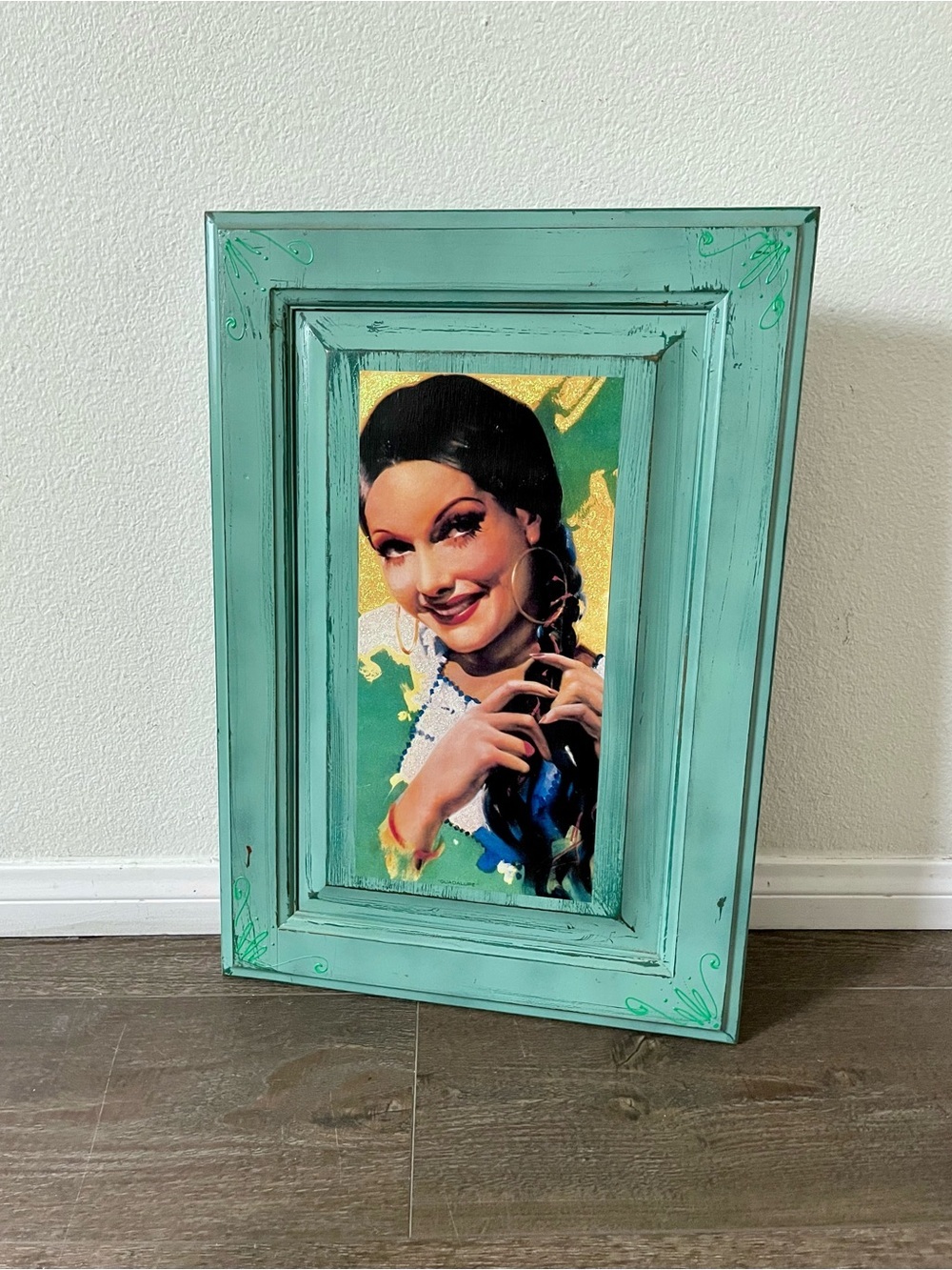 Turquoise Distressed Wood Picture Frame with Portrait Artwork